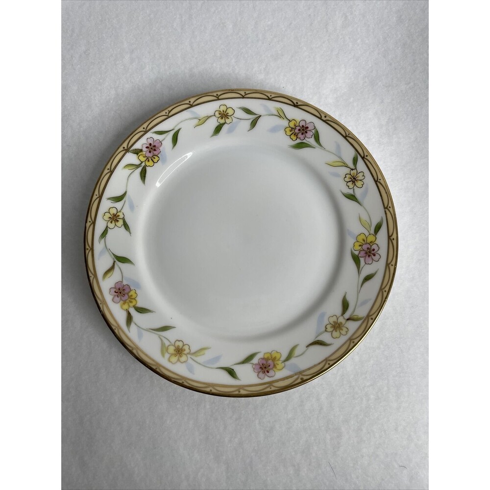 Vintage Nippon Gold Trimmed Hand Painted Plate with Flowers Yellow & Pink 6.25”